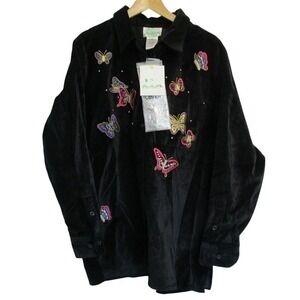 Quacker Factory Womens Embroidered Butterfly Velvet Button Up‎ Shirt size L NWT